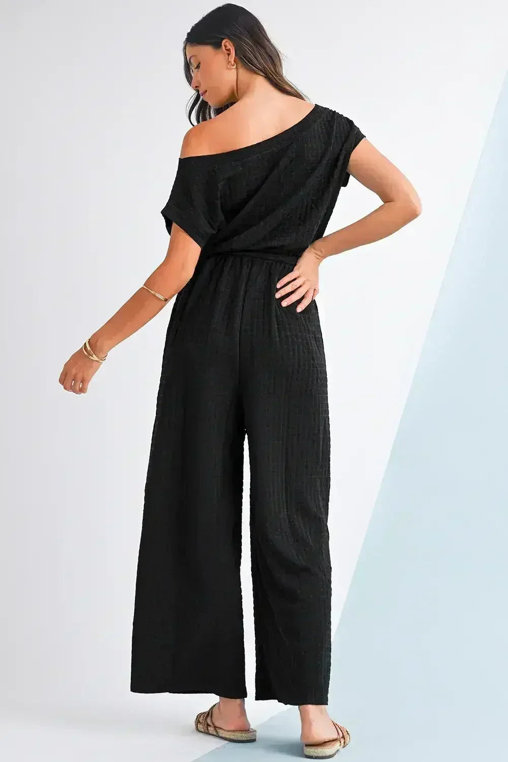 Black Checkered Mesh One Shoulder Short Sleeve Knotted Waist Jumpsuit