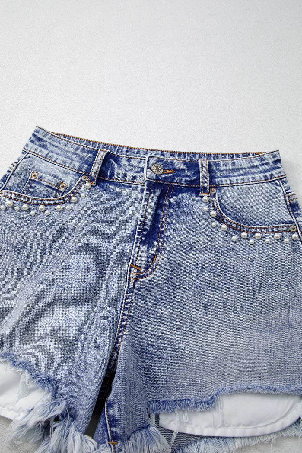 Beau Blue Pearl Studded Pocket Raw Hem Denim Shorts