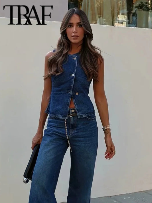 TRAF Women's Vest 2025 New Fashion Denim Vest Top Ladies Casual Cropped Sleeveless Jacket Coat Streetwear Waistcoat Outerwears