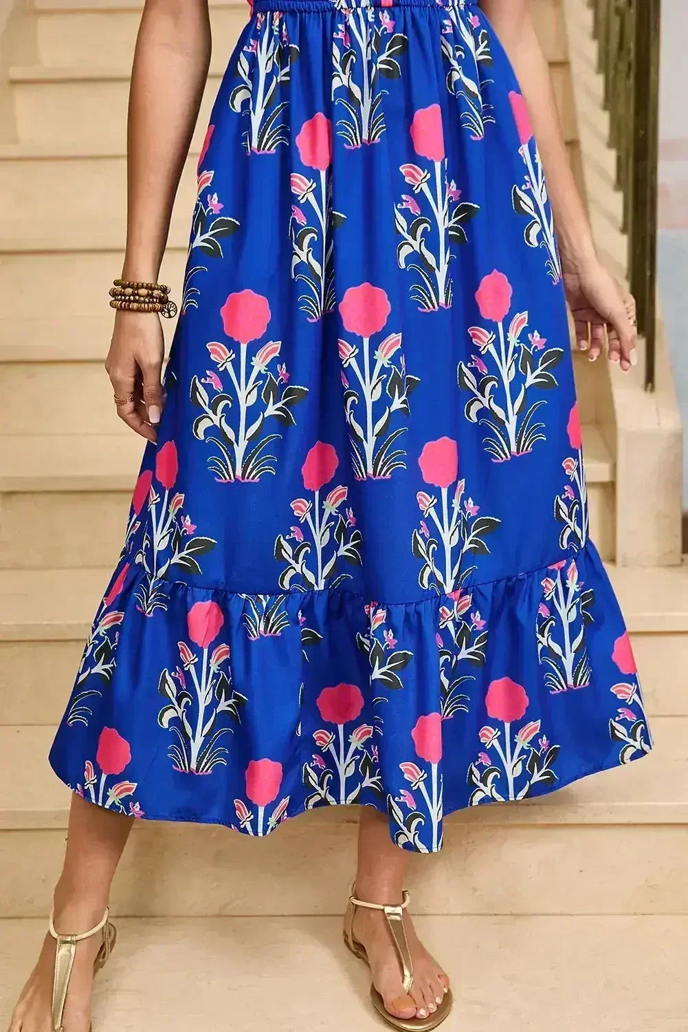 Blue Floral Ruffle Hem Pop of Color Neckline Dress