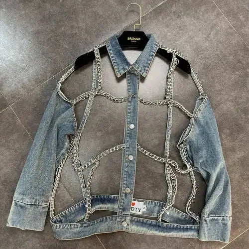 Denim Jacket 2023 Spring Summer Lapels Long Sleeve Chain Hollow Cool Handsome Street Denim Long Sleeve Jeans Jacket for Women