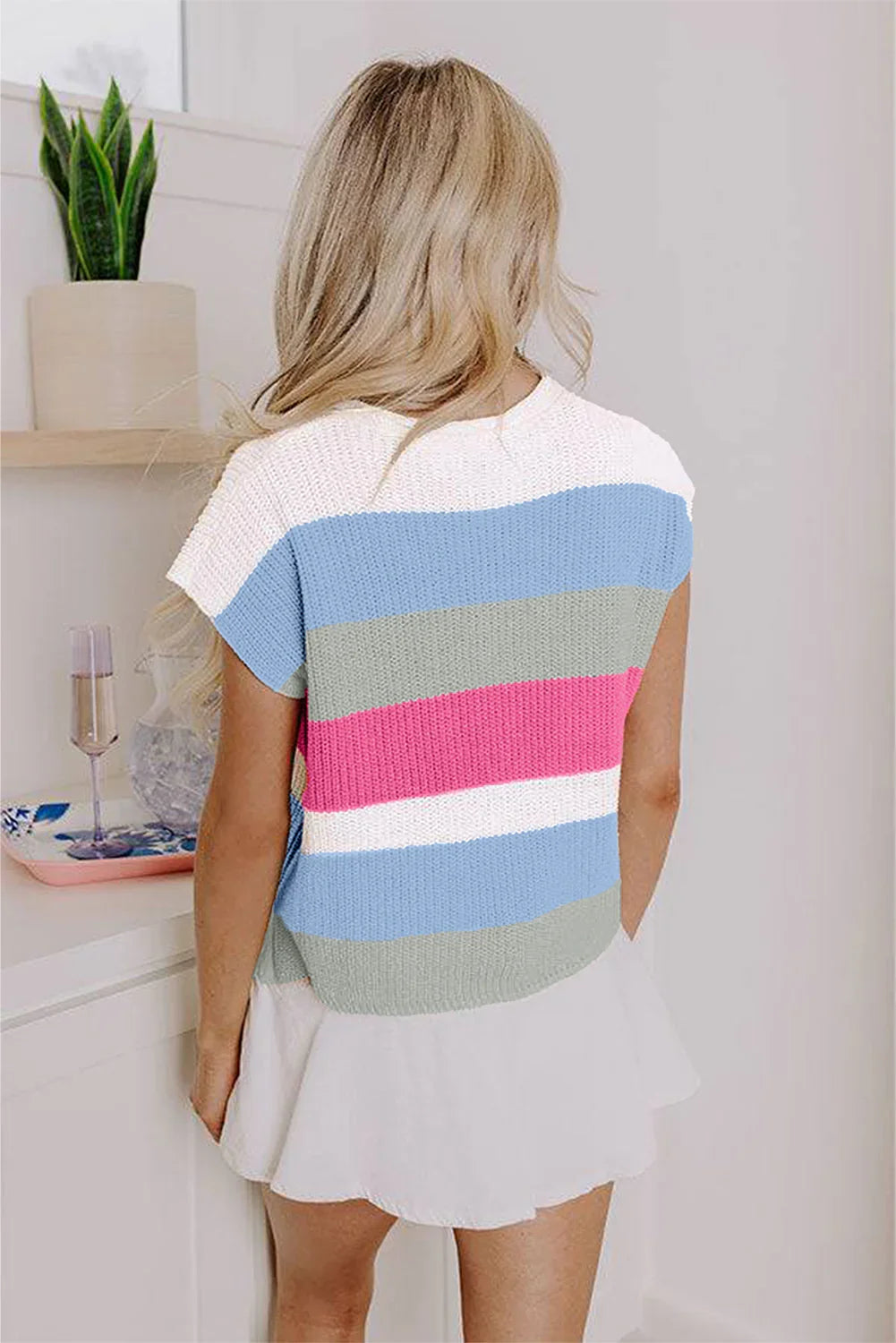 Multicolour Colorblock Notch V Neck Knit T Shirt