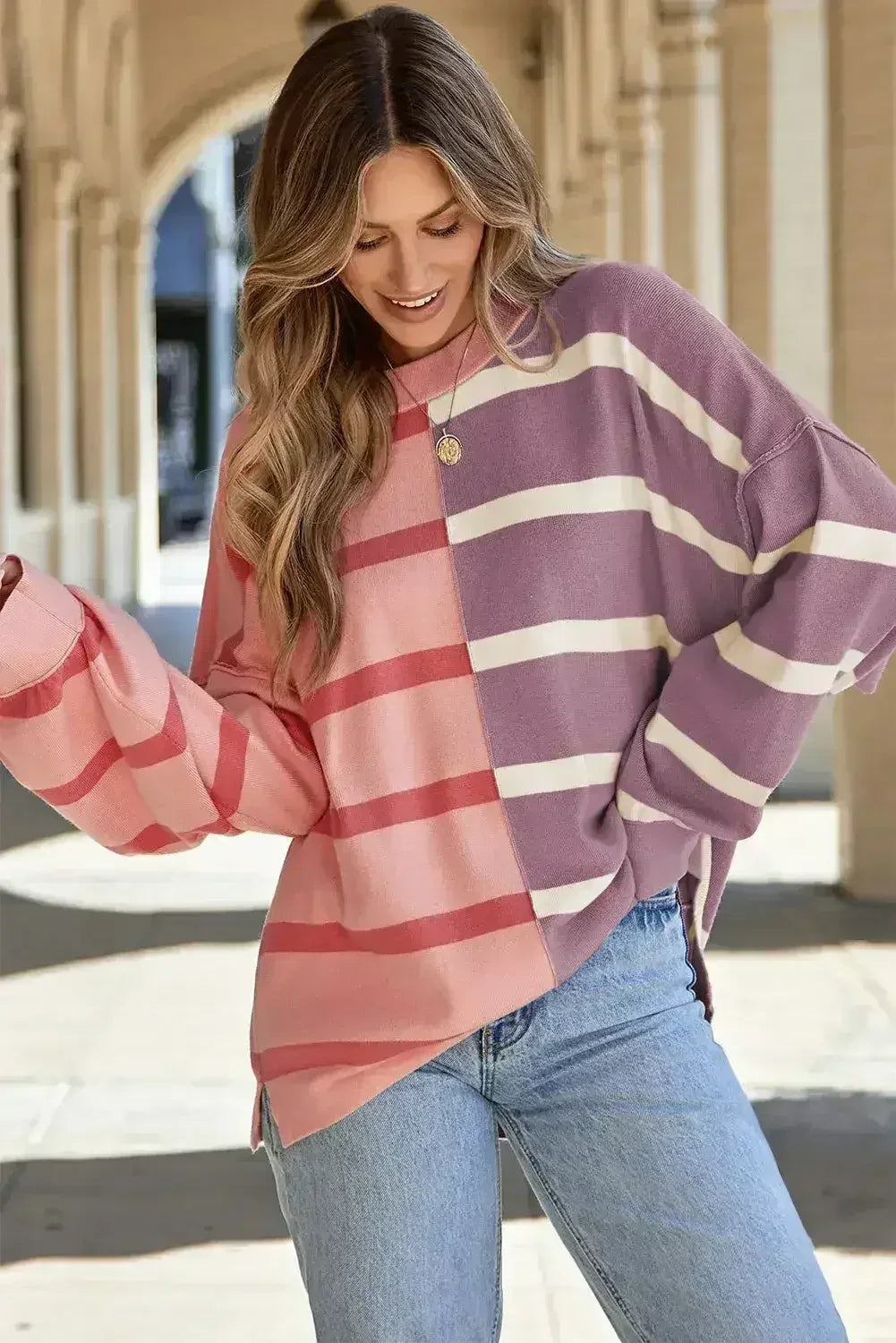 Pink Stripe Oversized Sweater - Colorblock Knit | Femstylo