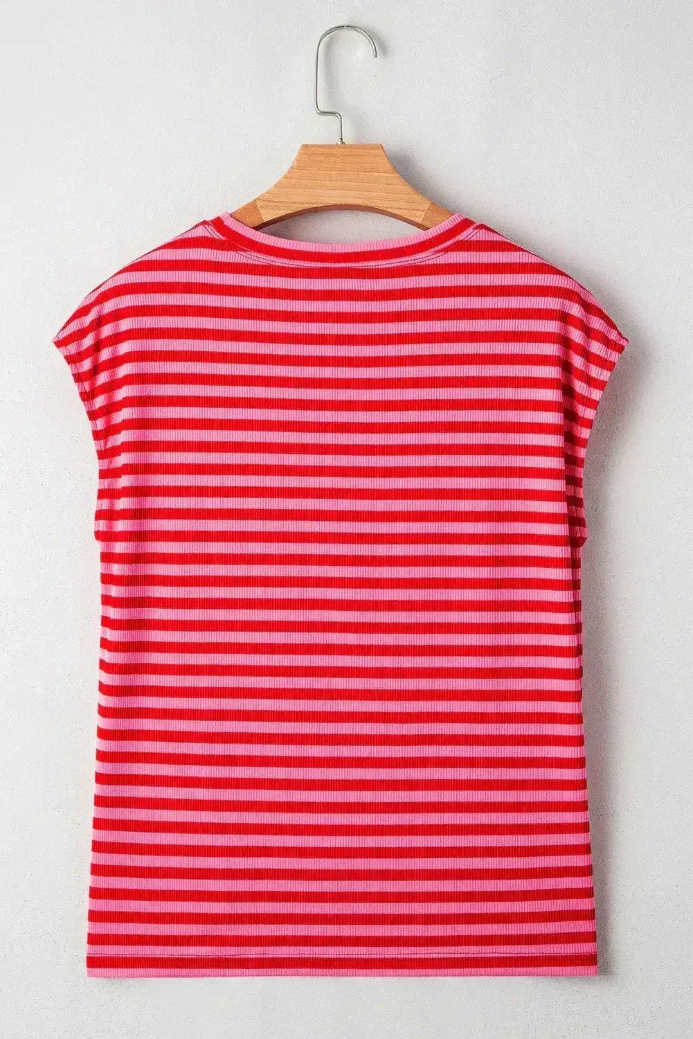 Black Stripe Ribbed Cap Sleeve Round Neck T Shirt