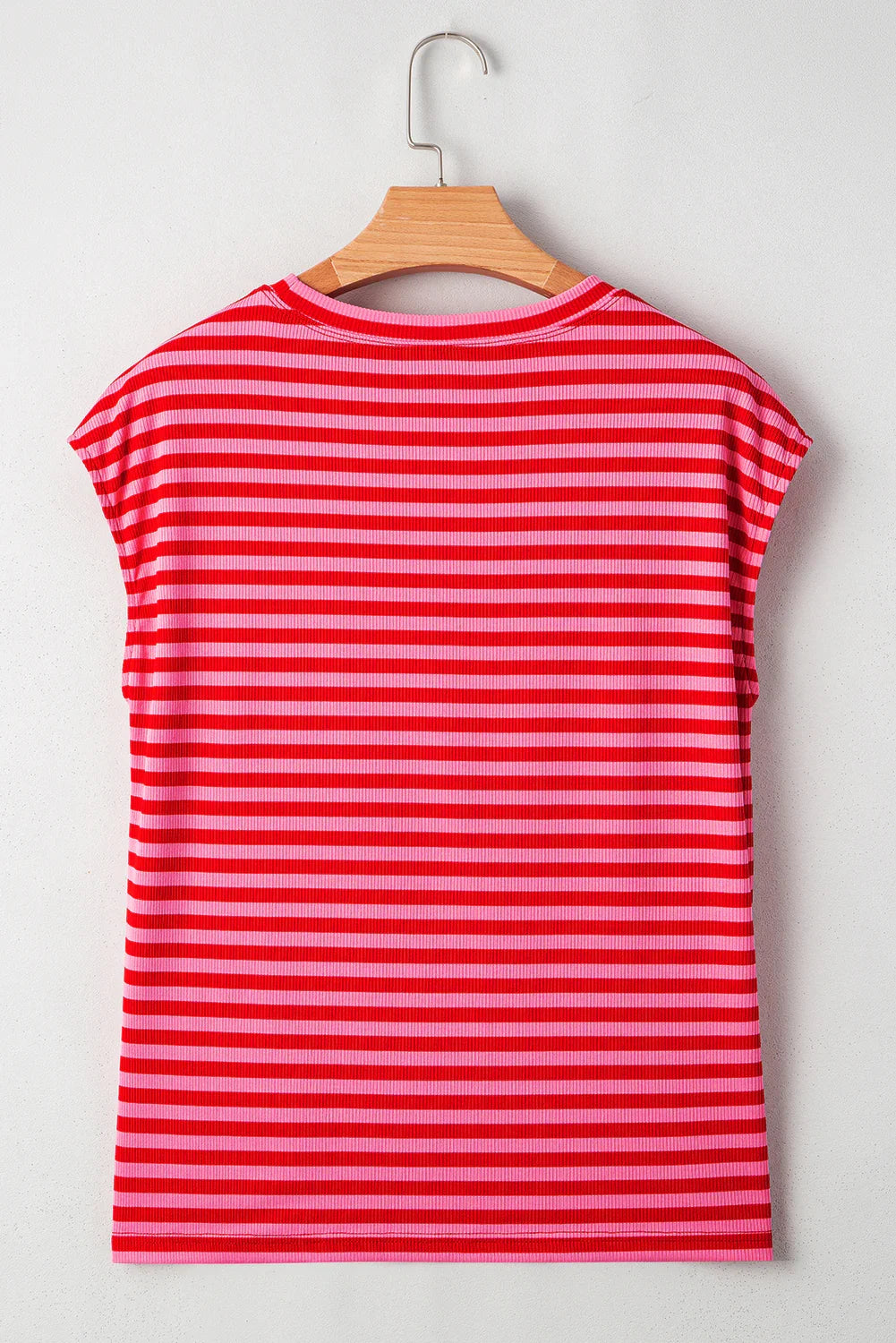 Black Stripe Ribbed Cap Sleeve Round Neck T Shirt