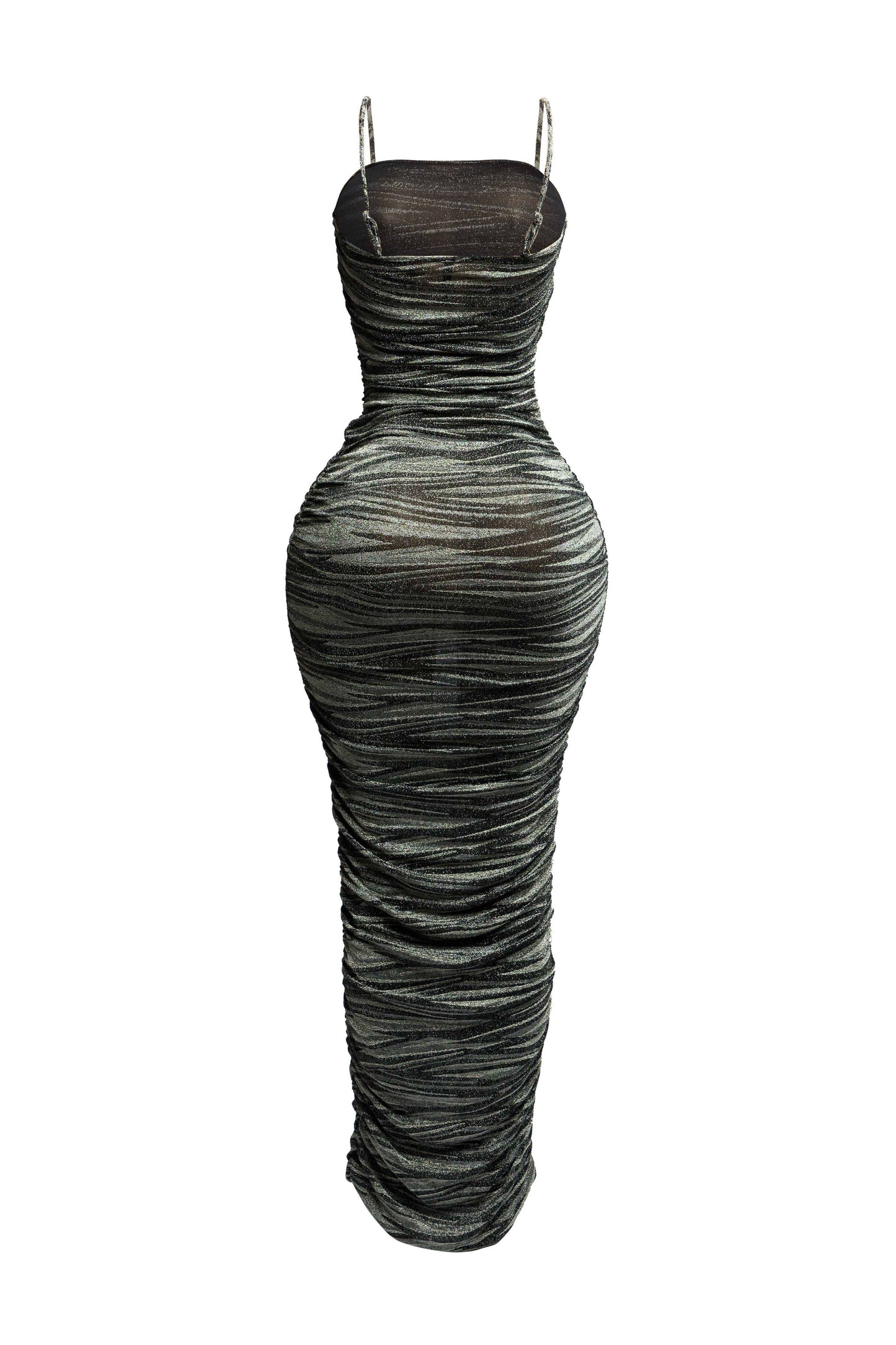 Elegant Metallic Maxi Dress with All-Over Ruched Design and Adjustable Straps for Stunning Appeal