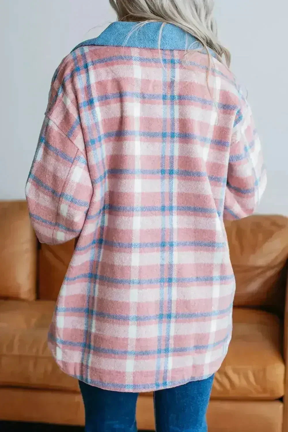 Plaid Collared Jacket – Long Sleeve Polyester Unlined Top