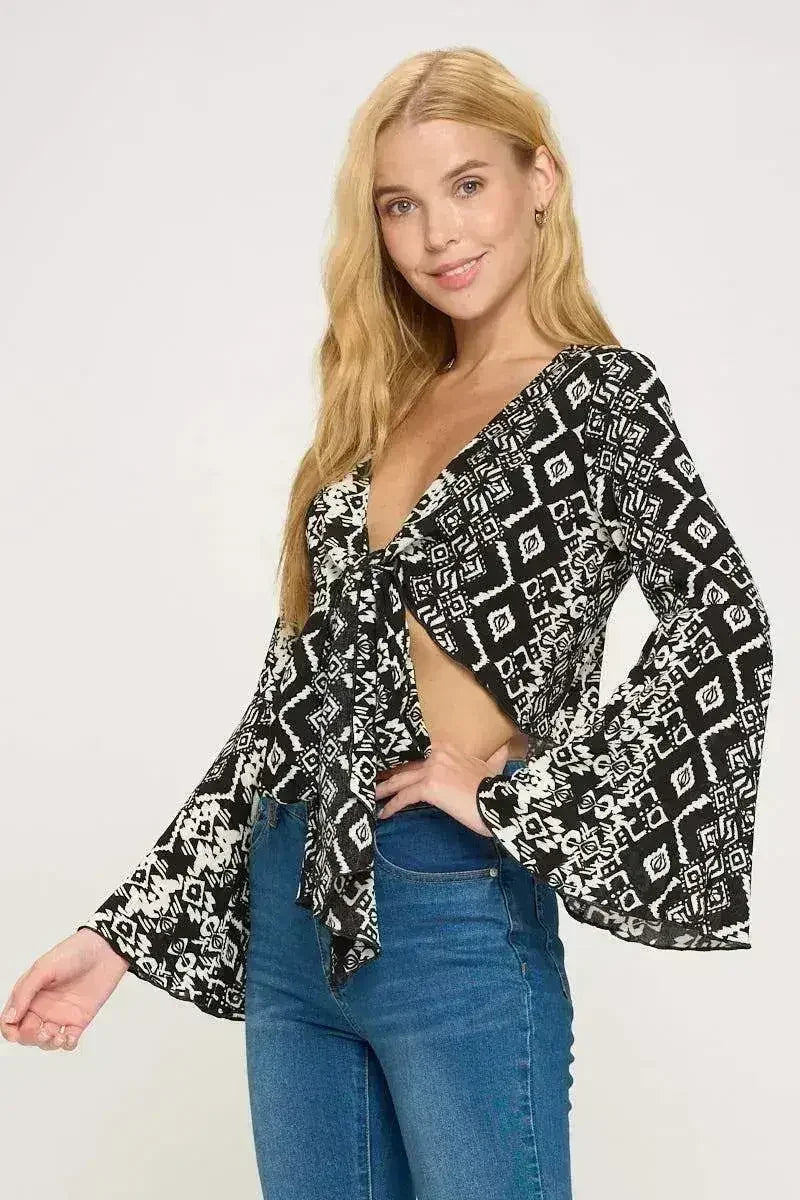 Boho Bell-Sleeve Crop Top | Floral Tie-Front | Sizes S-XL | Femstylo