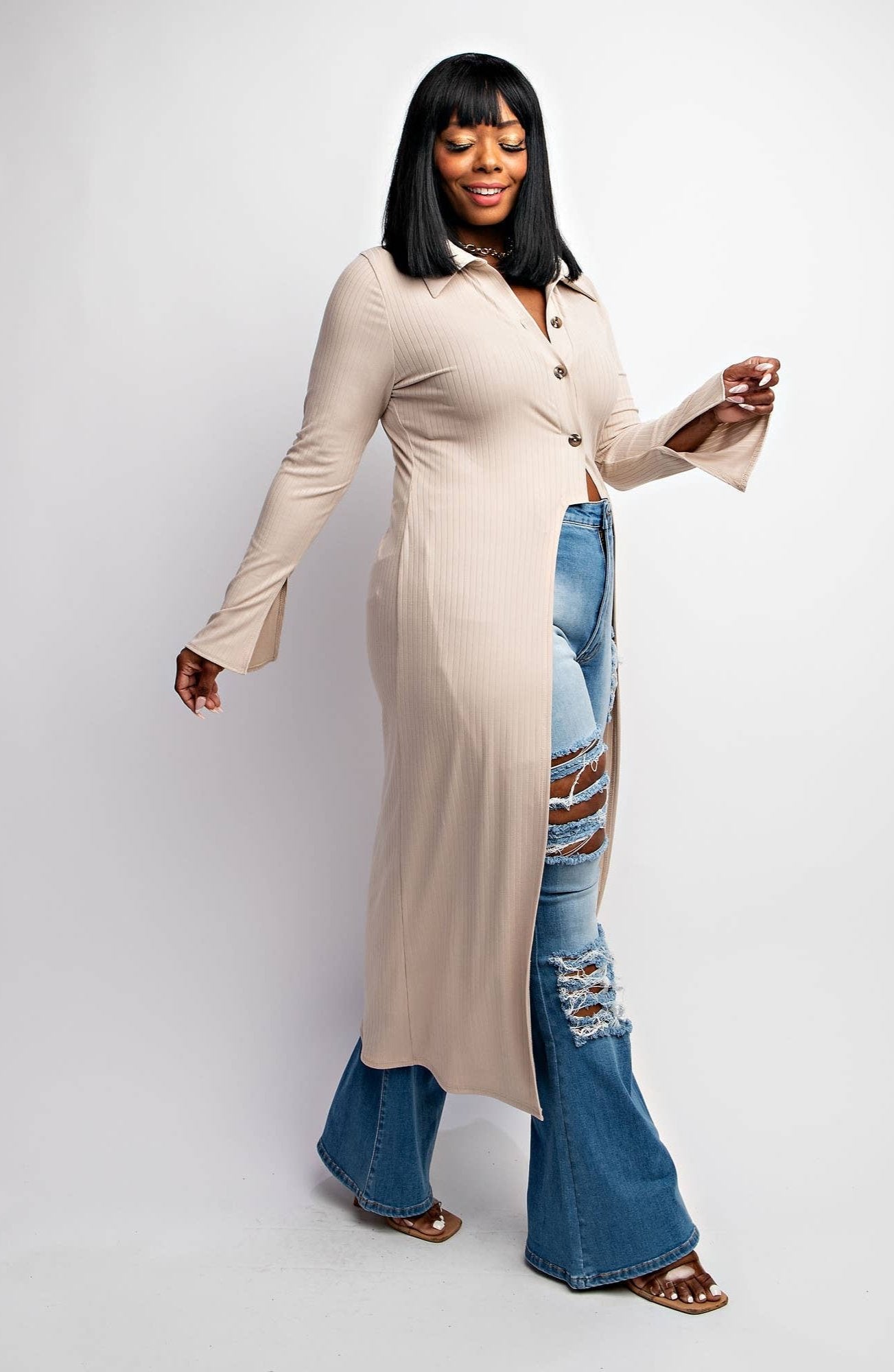 Deliah Plus Size Rib Knit Cardigan With Button Up Front