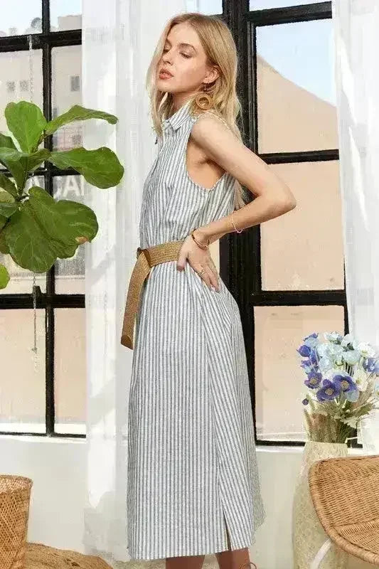 ADORA Striped Button Down Dress – Cotton Midi Sleeveless