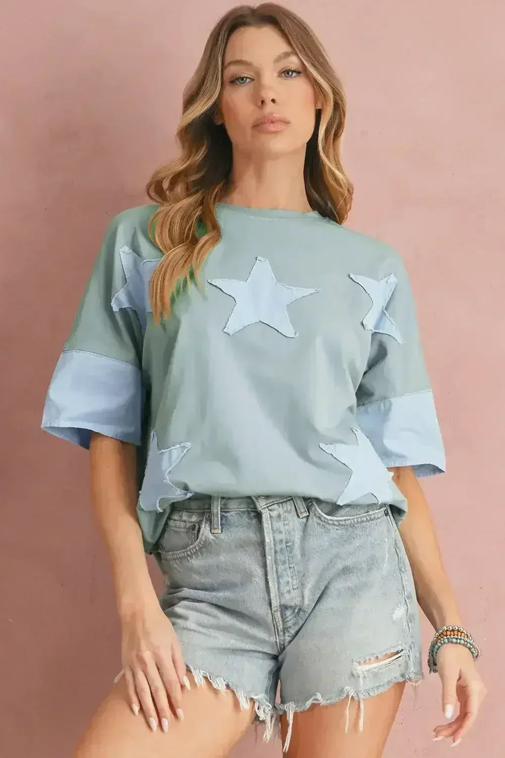 Aruba Blue Frayed Star Patched 4th of July Oversize T Shirt