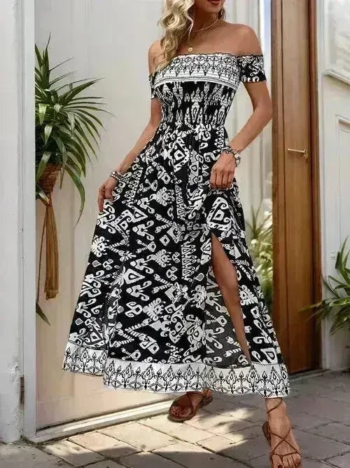 Off-Shoulder Slit Dress - Flowy Viscose Dress | Femstylo