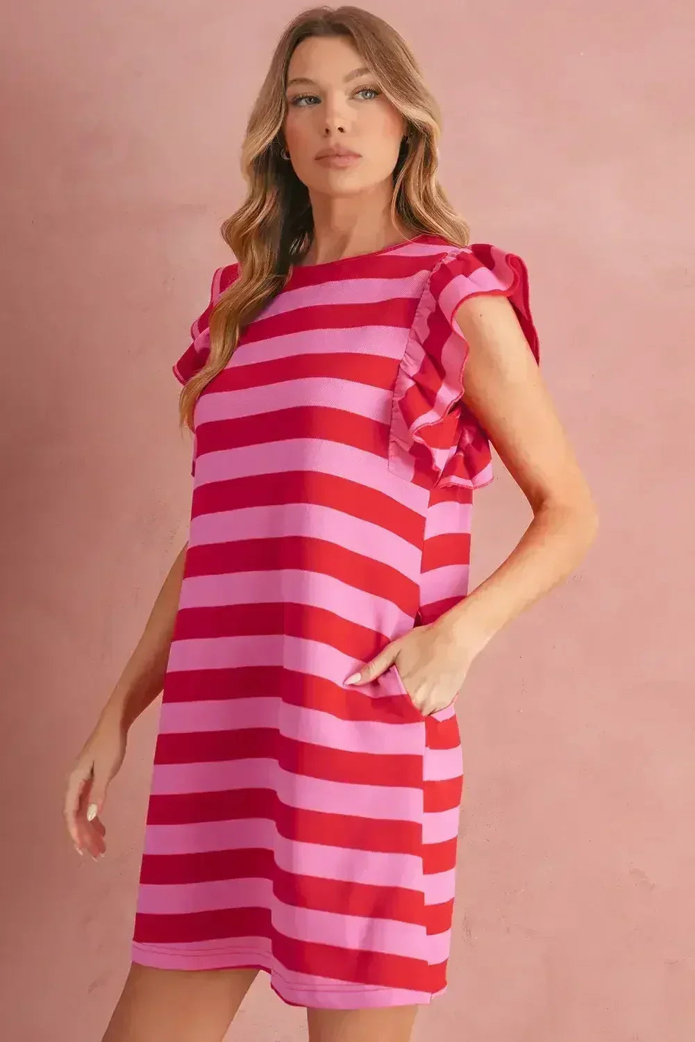 Black Stripe Flutter Sleeve Round Neck Shift Mini Dress