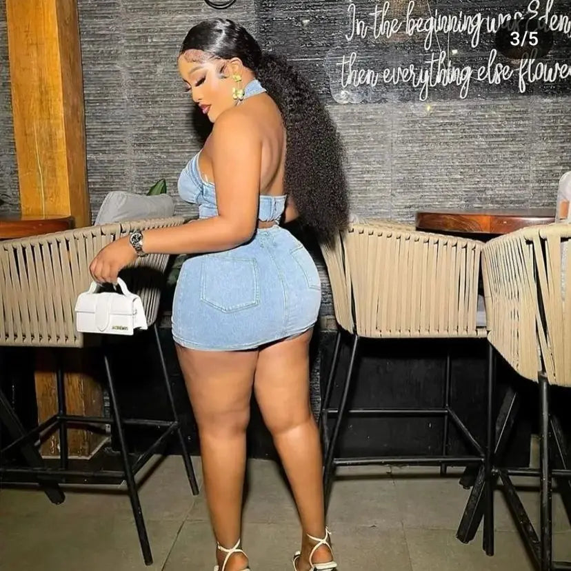 Denim Dress Sets Mini Wrap Buttocks Dress Slim Sheath Solid Two Pieces Sashes Sexy Pullover Tops Washed High Street Spliced