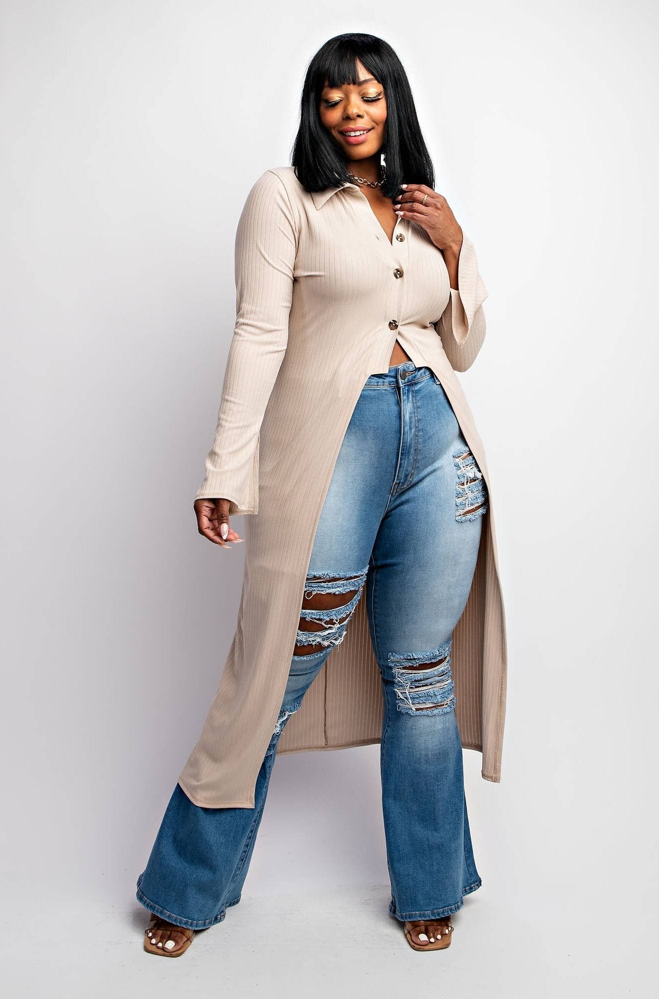 Deliah Plus Size Rib Knit Cardigan With Button Up Front