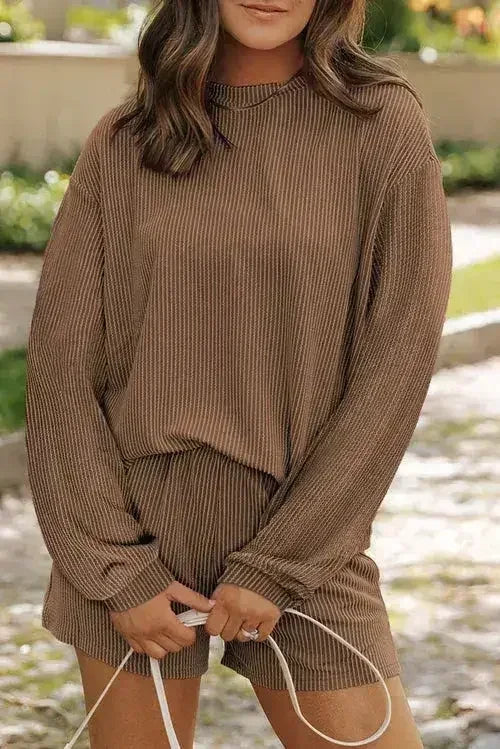 Parchment Corded Knit Long Sleeve Top and High Waist Shorts Set