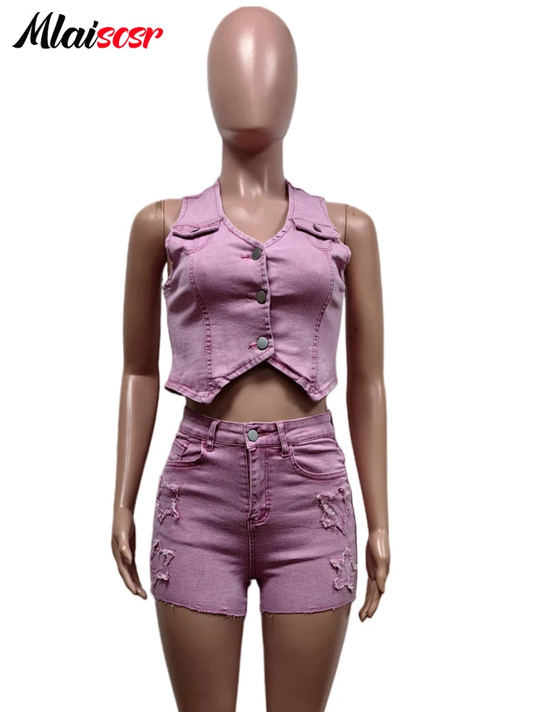 Mlaiscsr Pink Stretch Denim Sexy 2 Piece Club Outfit Women Sets V-Neck Vest Crop Tops and Embroidered Shorts Suit Y2k Streetwear