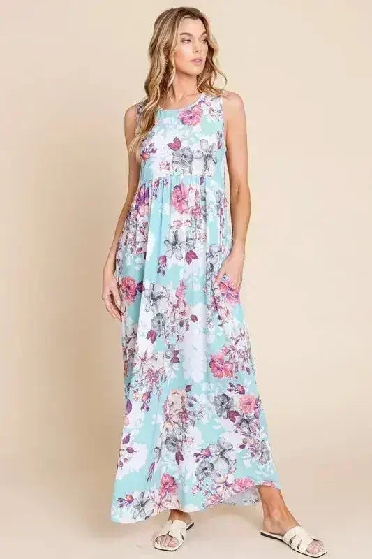 BOMBOM Floral Round Neck Sleeveless Maxi Dress with Pockets