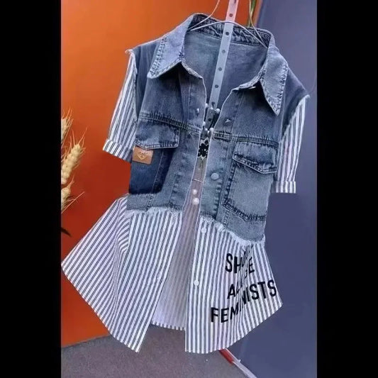 Women Denim Jacket Fake Two Denim Shirts 2025 New Spring Summer Autumn Casual Fashion Joker Stitching Striped Tops Coat Female