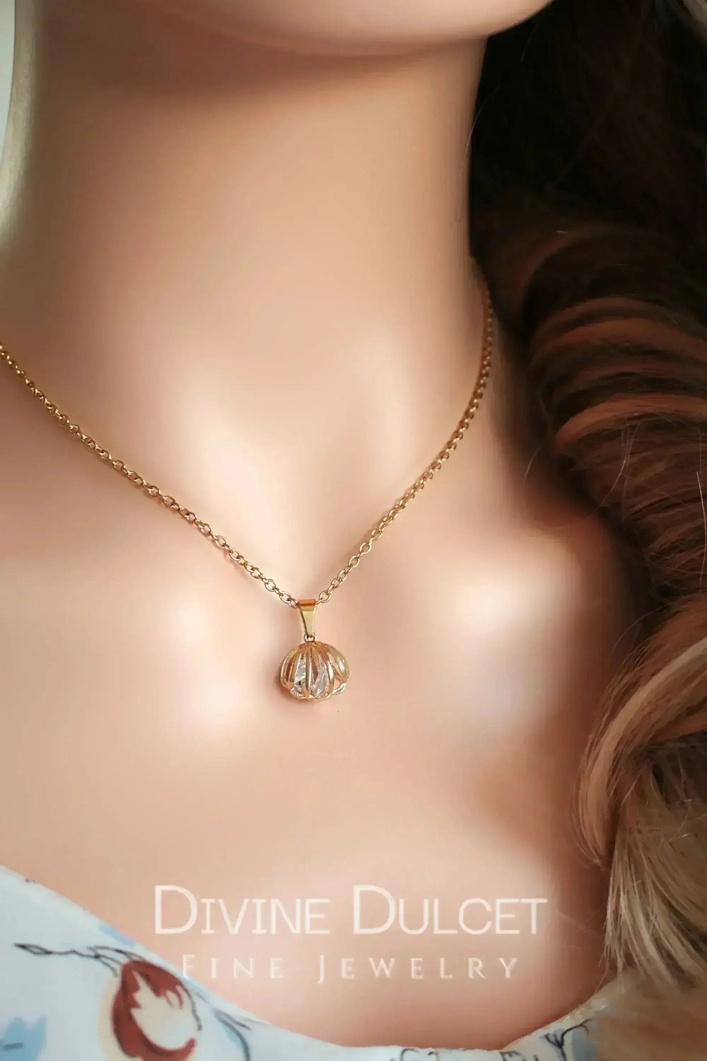 24K Gold Seashell Necklace - Cubic Zirconia Ocean Jewelry