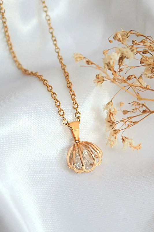 24K Gold Seashell Necklace - Cubic Zirconia Ocean Jewelry