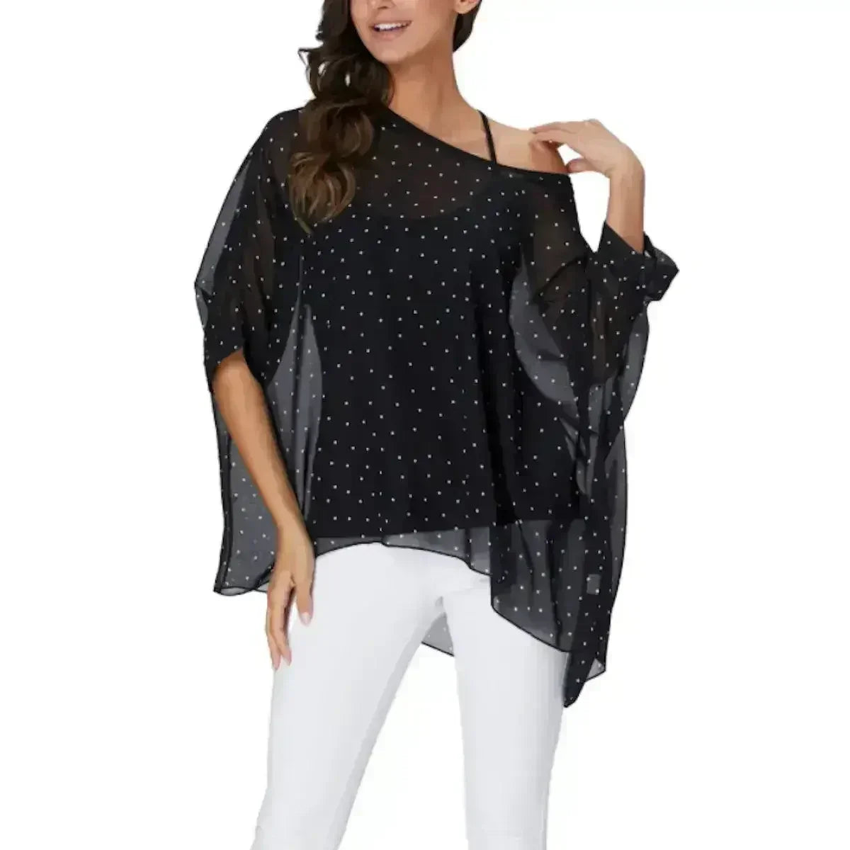 Black Polkadot Chiffon Tunic Top - Batwing Sleeves | Femstylo