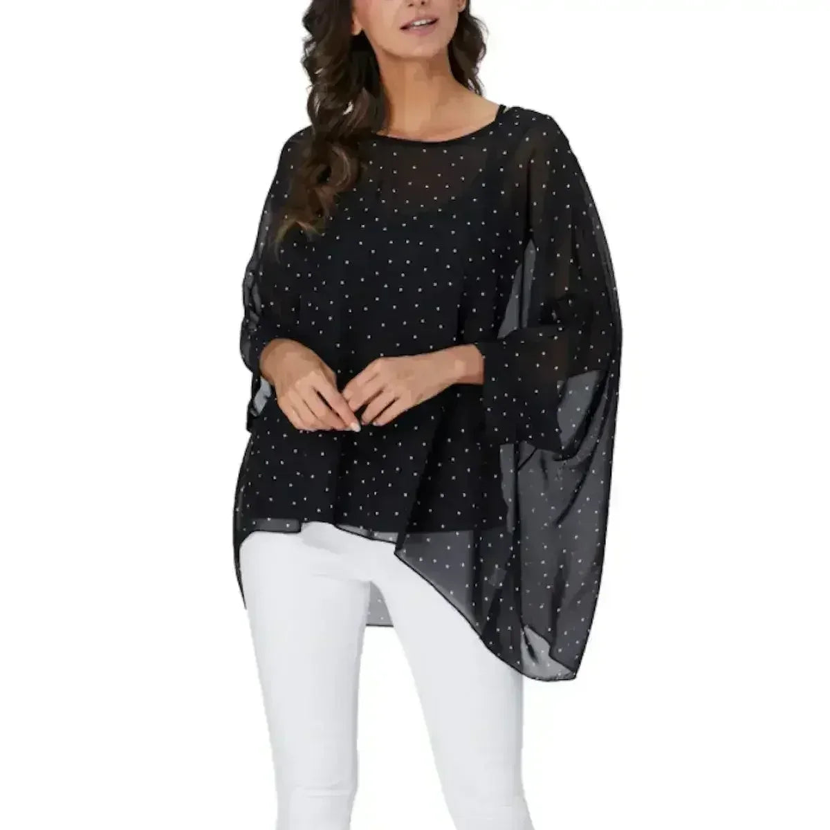 Black Polkadot Chiffon Tunic Top - Batwing Sleeves | Femstylo