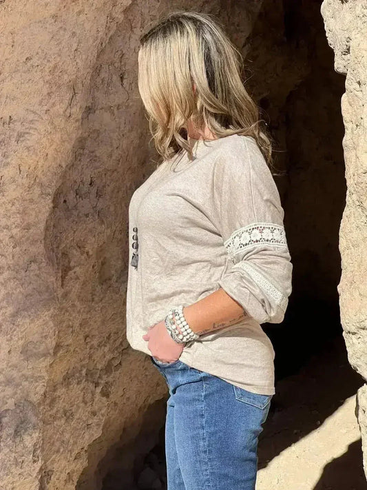 Oatmeal Lace Detail Sleeve Top