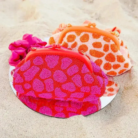 ARNOLDI JEAN Hand-beaded Clutch, in Red & Pink