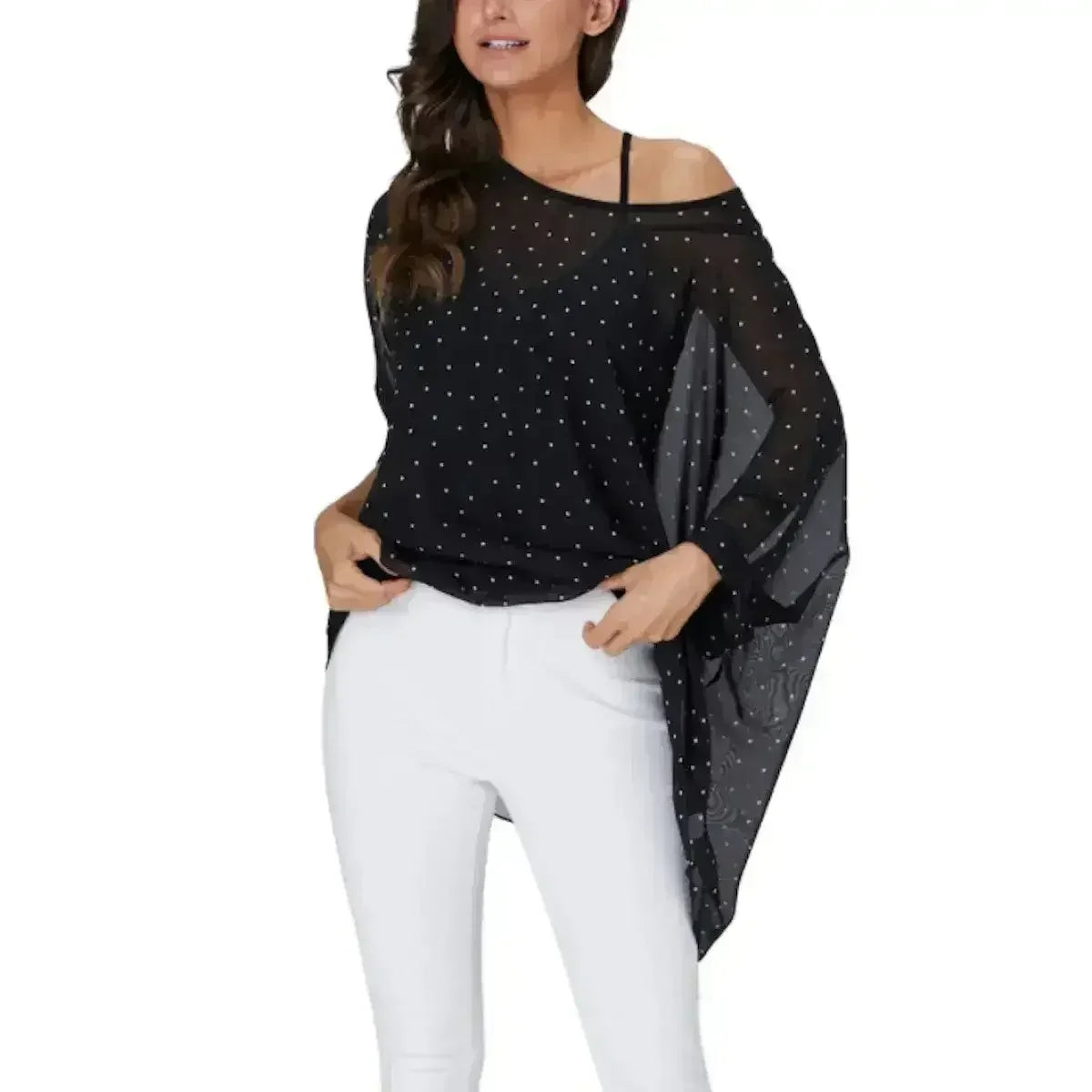 Black Polkadot Chiffon Tunic Top - Batwing Sleeves | Femstylo