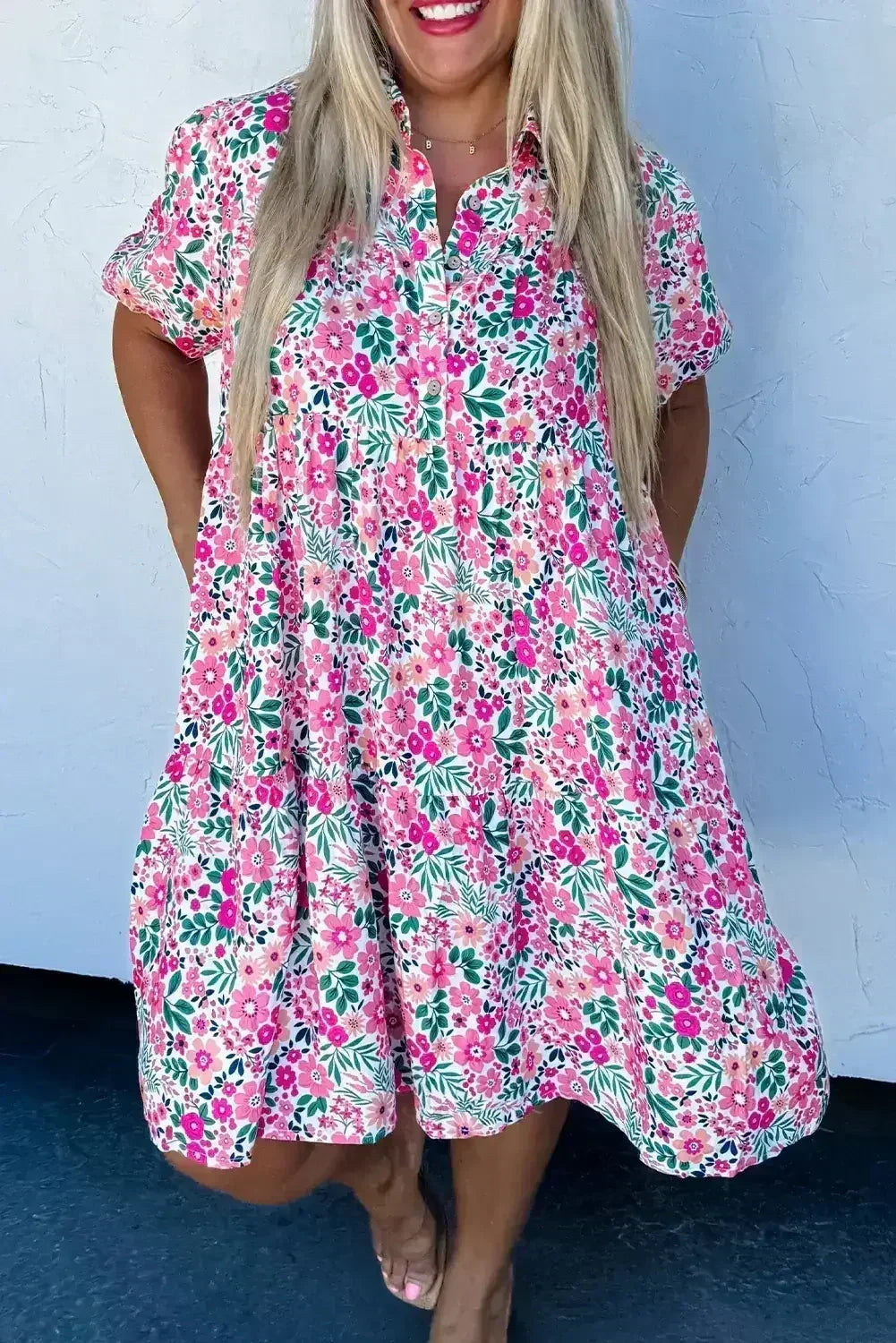 Pink Plus Size Floral Half Button Puff Sleeve A Line Dress
