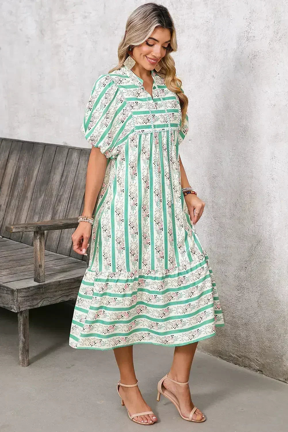 Multicolor Boho Floral Striped Tie V Neck Long Dress