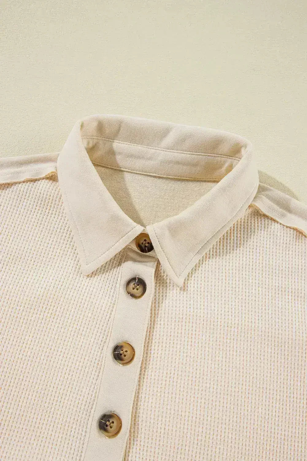 Pink Waffle Long Sleeve Collared Half Button Relaxed Fit Top