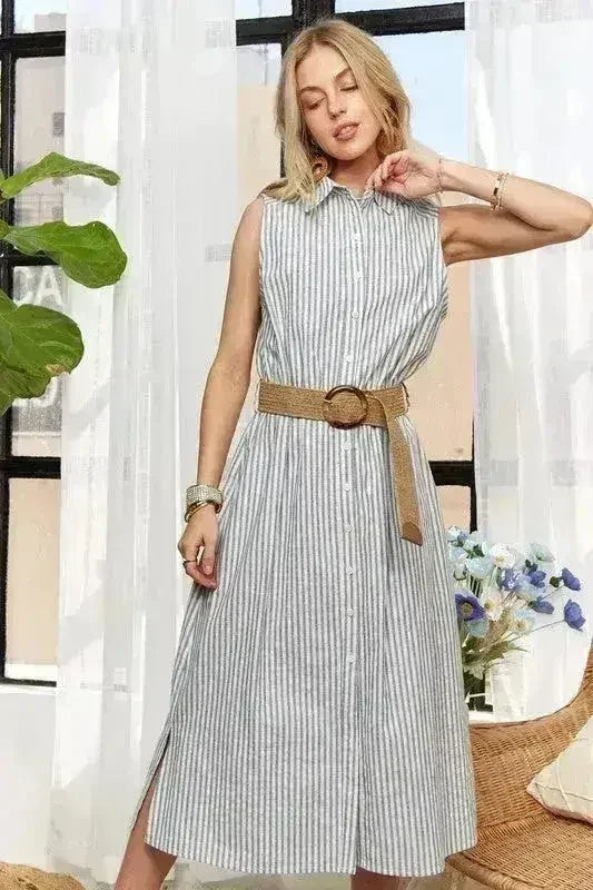 ADORA Striped Button Down Dress – Cotton Midi Sleeveless