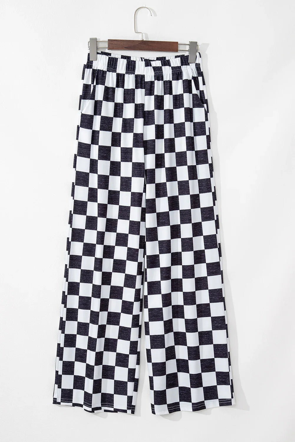 Black Checkered Print High Waist Wide Leg Pants