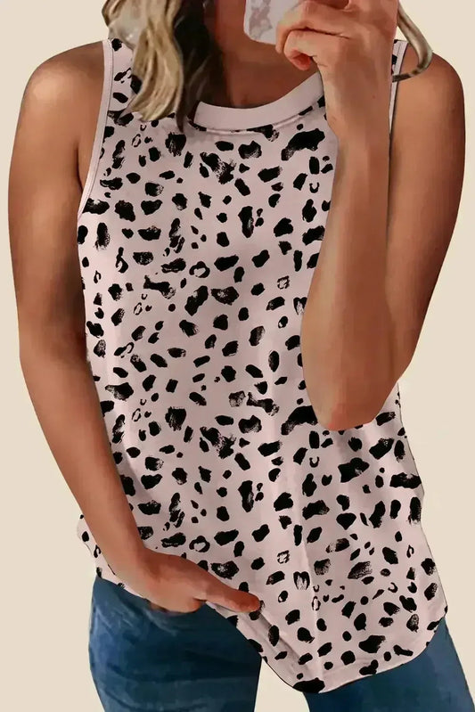 Apricot Allover Leopard Print Round Neck Tank Top