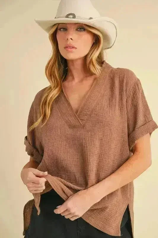 Aemi + Co Side Slit V-Neck Short Sleeve Blouse | Femstylo