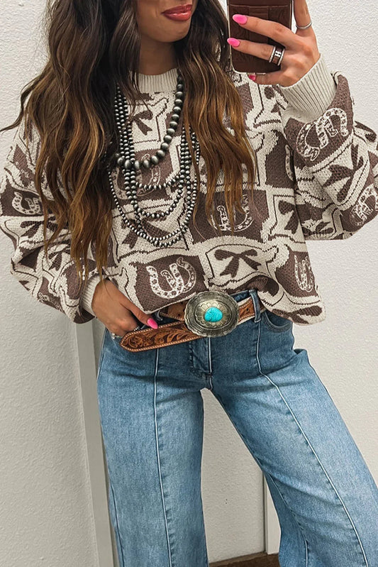 Brown Colorblock Bow Pattern Drop Sleeve Sweater