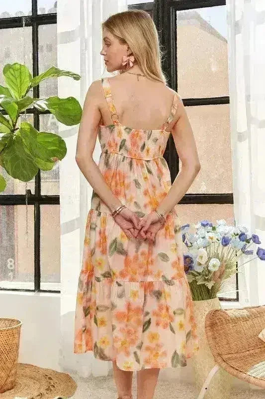 ADORA Floral Smocked Back Dress – Adjustable Strap Midi