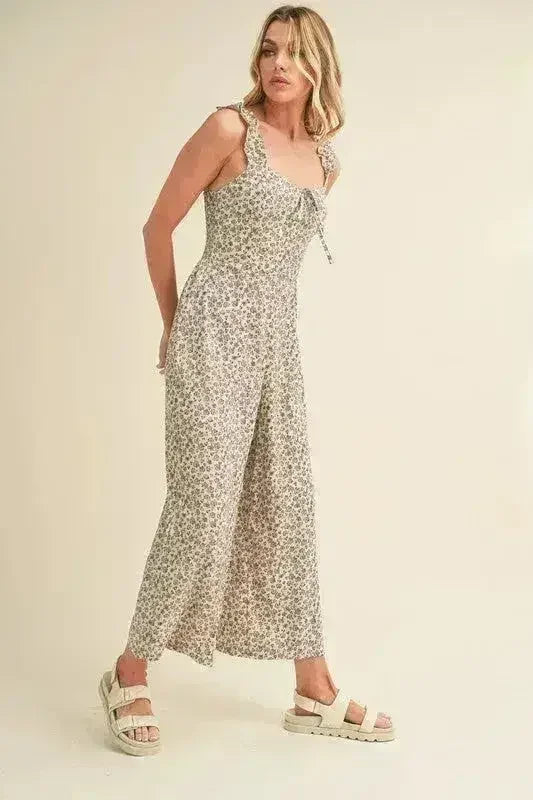 Aemi + Co Floral Sweetheart Neck Wide Leg Jumpsuit