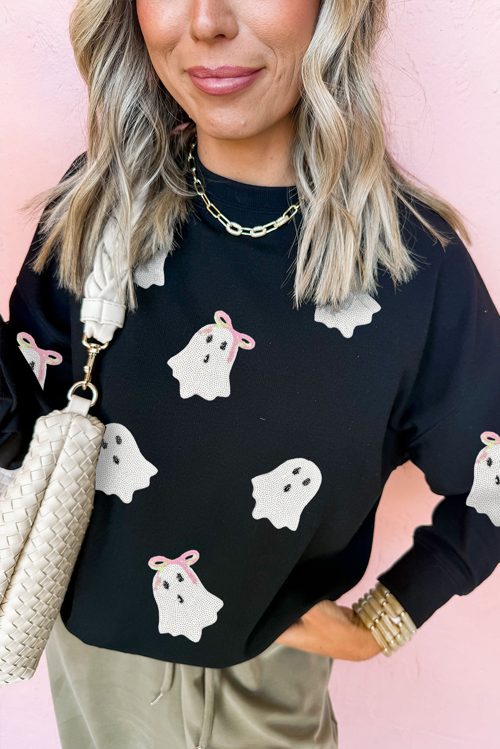 Black Sequin Bow Ghost Graphic Crew Neck Sweatshirt
