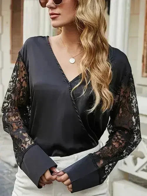 Black Surplice Lace Long Sleeve Blouse | Femstylo
