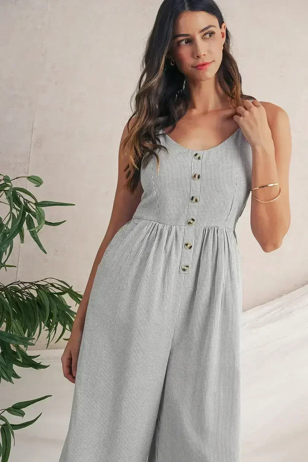 Black Stripe Half Buttoned Sleeveless Wide Leg Jumpsuit