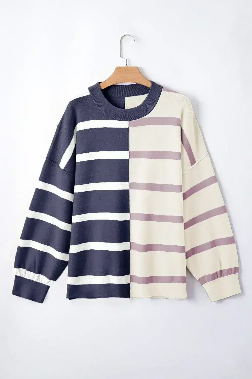 Pink Striped Patchwork Drop Shoulder Sweater