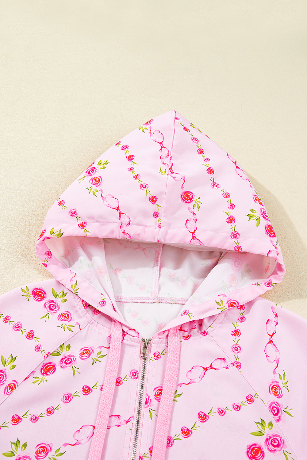 Pink Floral Print Half Zip Drawstring Hoodie Kangaroo Pouch
