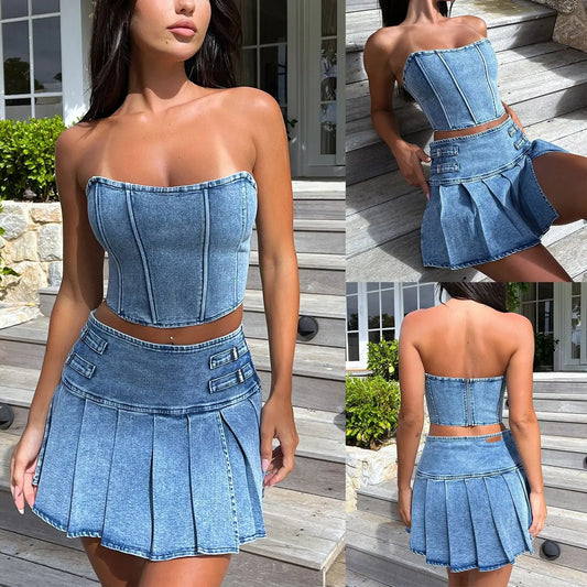 Denim Dress Sets Strapless Pullover Tops Solid Pleated Mini Skirts Spliced High Waist Skirt Matching Sets Streetwear Autumn