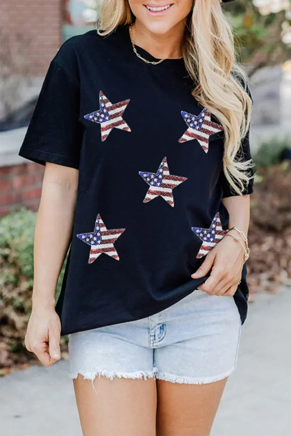 Black Sequined American Flag Star Graphic T Shirt