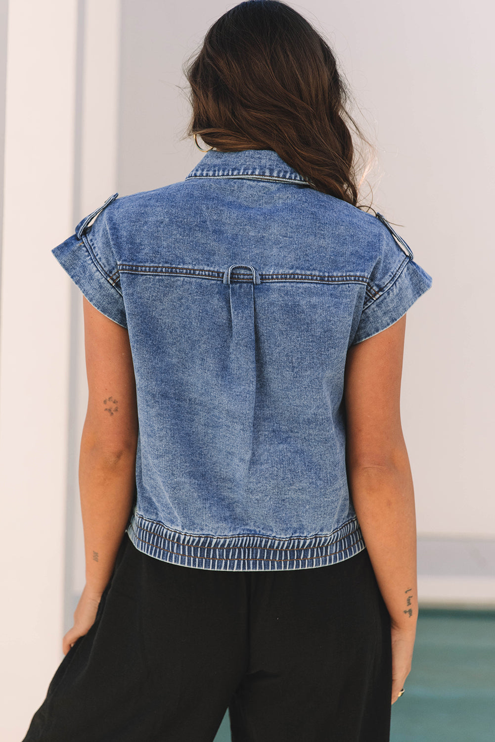 Nora Blue Acid Wash Elastic Hem Button Up Denim Vest