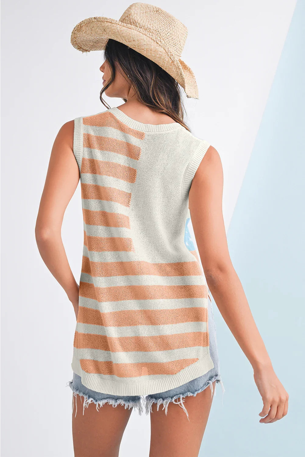 Beige USA Flag Notched Neckline Loose Knit Vest