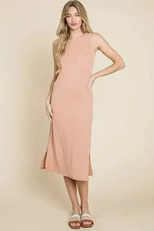 BOMBOM Ribbed Knit Sleeveless Midi Dress